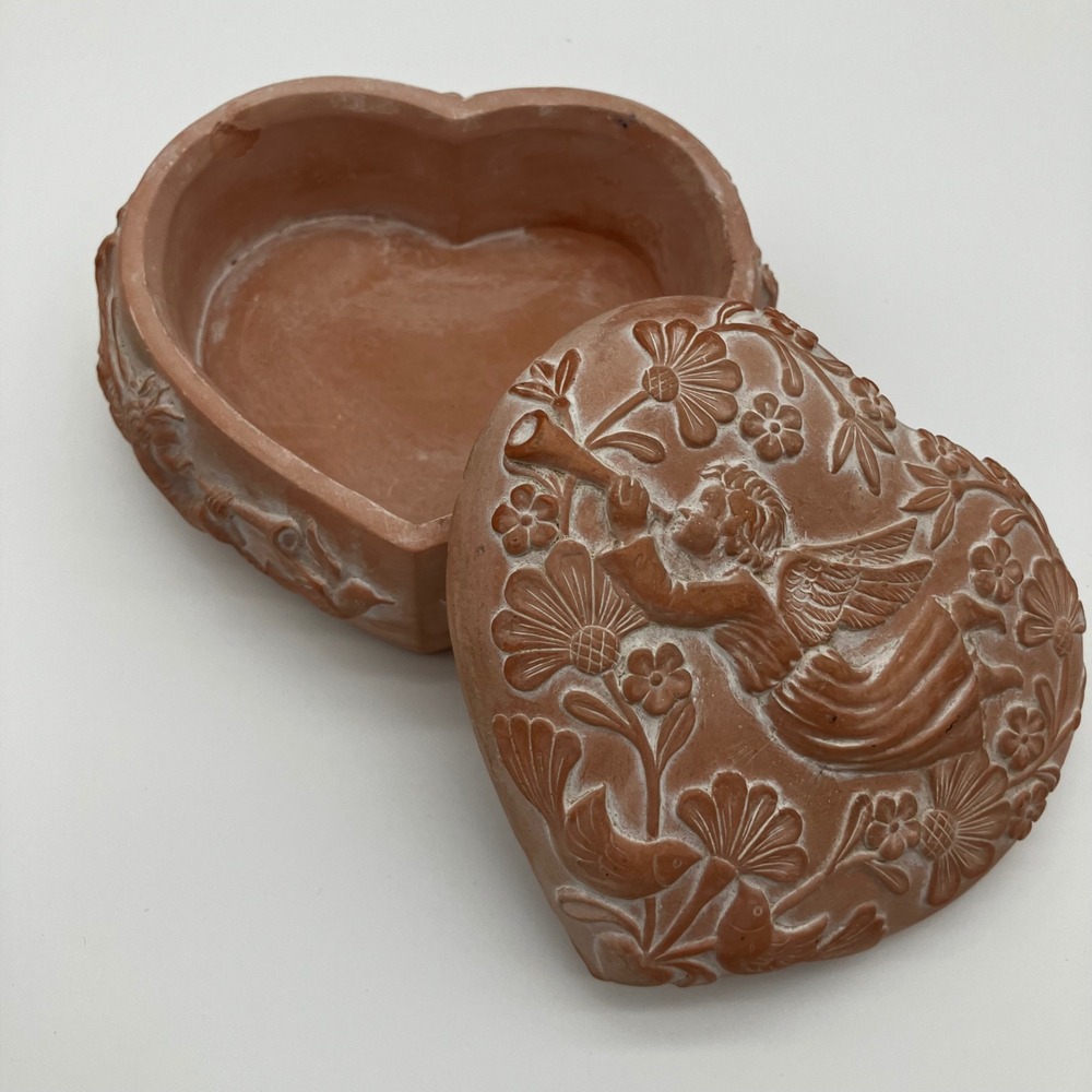 Cherub Angel Trinket Box Heart Shaped Terracotta Orange Embossed Floral Vintage
